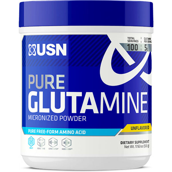 Micronized glutamine powder in scoop for muscle recovery and athletic performance