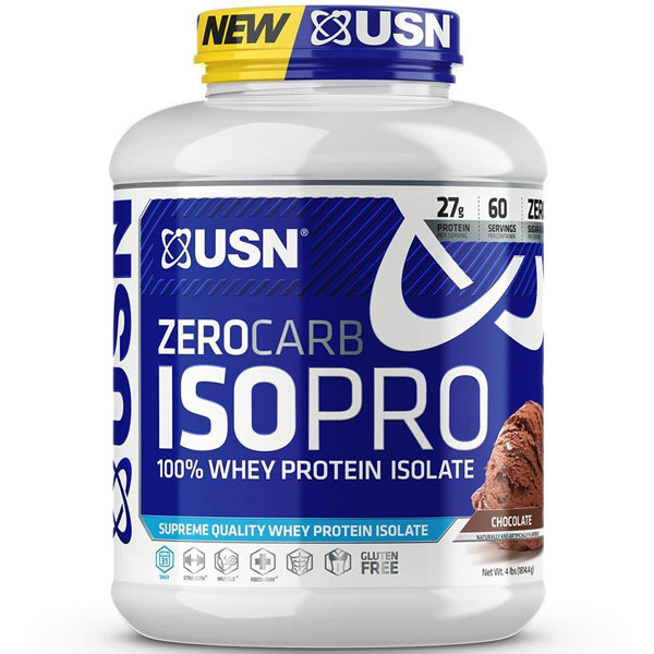 Front view of IsoPro Elite 4lb container highlighting zero carb and keto-friendly label