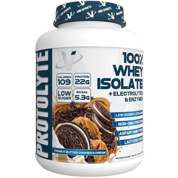 A scoop of VMI Sports Protolyte Whey Protein Isolate with real cookie bits, perfect for flavor and nutrition.