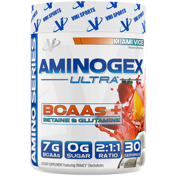 Close-up view of Aminogex Ultra BCAA Powder, highlighting its vibrant packaging and contents.
