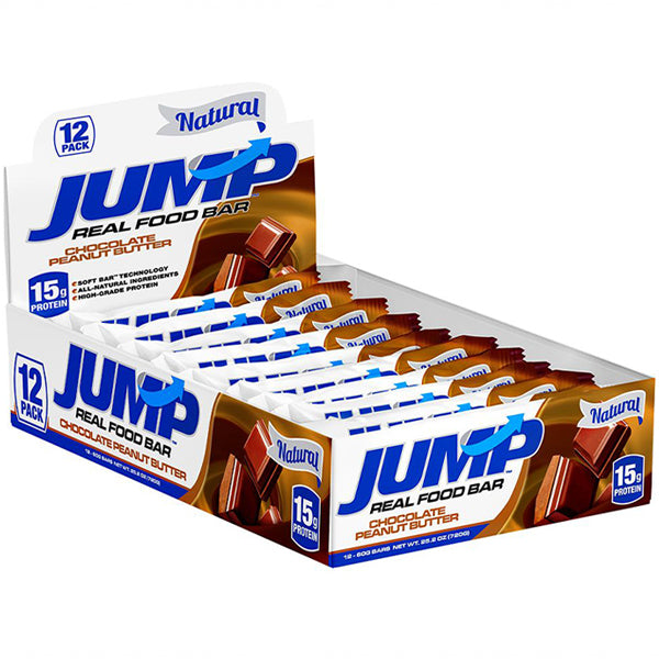 Close-up of Jump Real Food Protein Bar highlighting its soft texture and all-natural ingredients.
