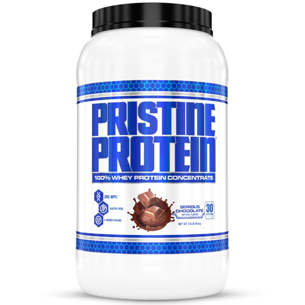 Front view of PristineWhey+ 2lbs tub showing clean label and low sugar content
