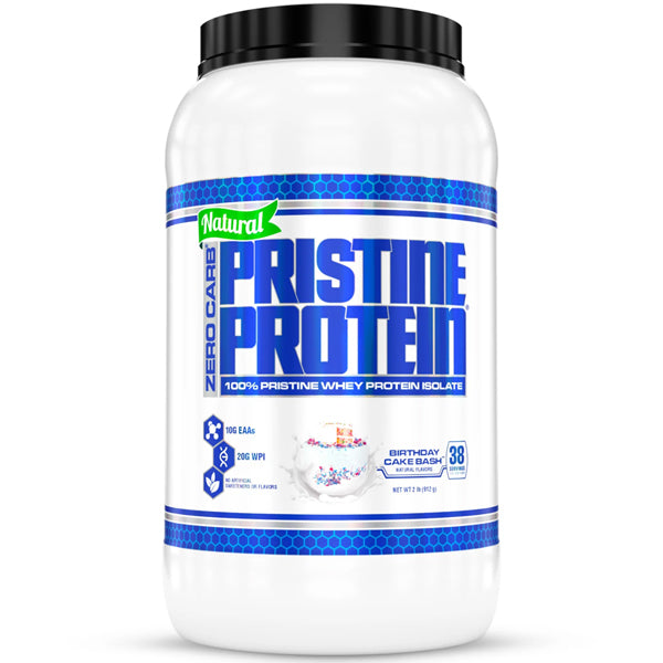 Pristine Zero Carb Whey Isolate Protein in a shaker with a gym backdrop, showcasing its smooth texture and clean ingredients.