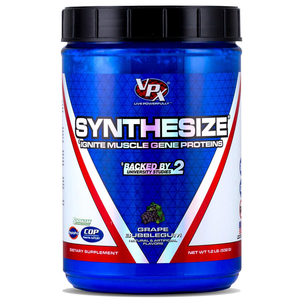 Close-up of VPX Synthesize protein powder jar showing label for muscle recovery