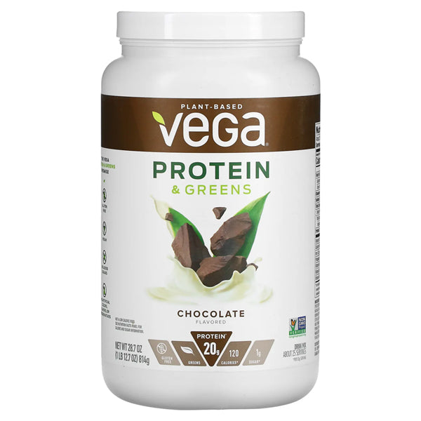 Vega plant-based protein powder with greens and vegetables on a kitchen counter