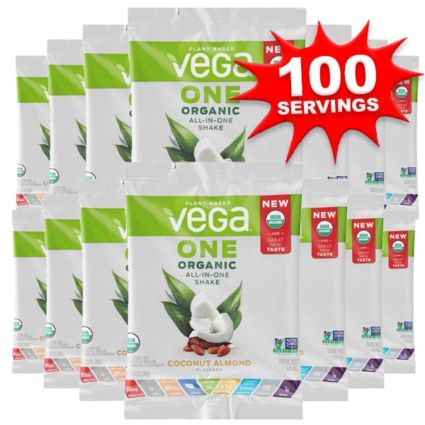 Vega One Organic Shake preparation with a blender, emphasizing its ease of use and plant-based ingredients.
