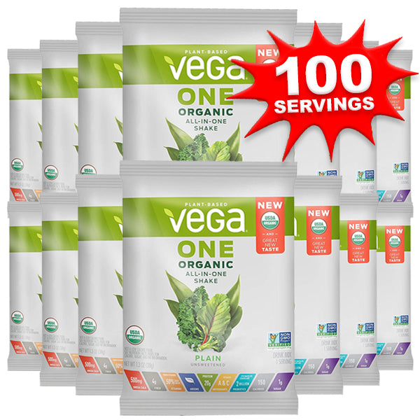Healthy breakfast featuring Vega One Organic Shake alongside nuts and seeds, highlighting its meal replacement benefits.