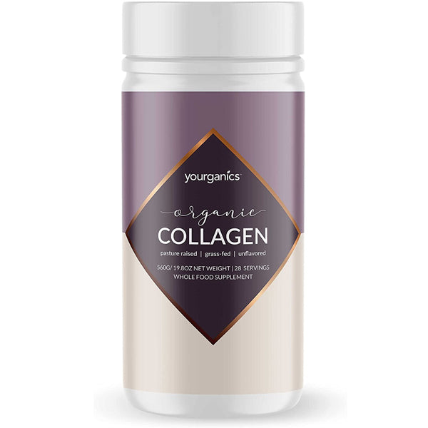 Yourganics Grass-Fed Collagen Protein Powder in a scoop beside a smoothie bowl, showcasing its versatility for health.
