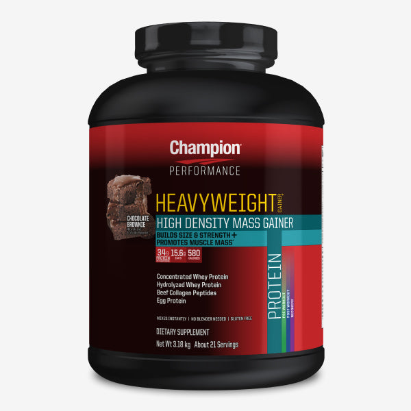 Close-up view of Champion Performance High-Calorie Mass Gainer with 580 calories and 34g protein per serving.