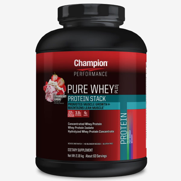 Close-up of Champion Whey Plus Isolate Stack tub showing premium blend of whey protein and BCAAs