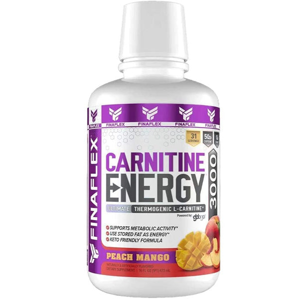 Finaflex Carnitine Energy 3000 supplement bottle with focus on label highlighting fat burner and energy booster features