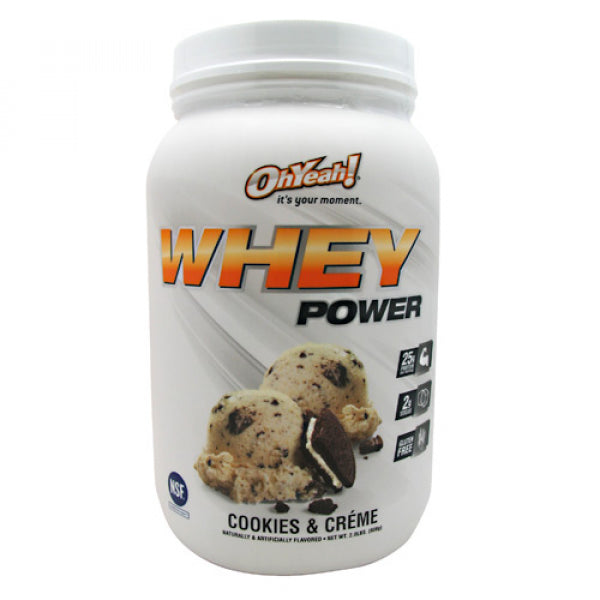 Front view of OhYeah! Premium Whey Protein Blend, showcasing its sleek design and vibrant packaging.