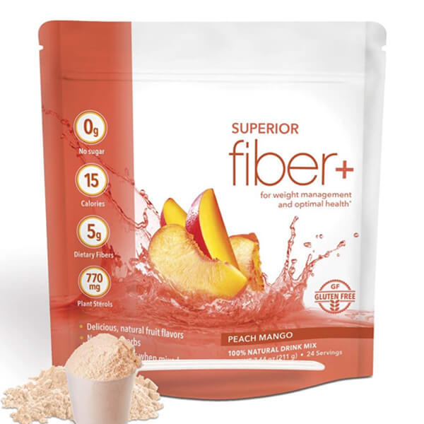 FiberFuel SuperBlend drink mix featuring sweet peach and mango flavors for digestive health.