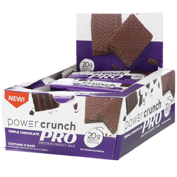 Power Crunch PRO bars stacked neatly in their packaging, highlighting the 12-pack deal