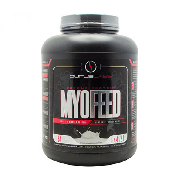 Myofeed blended protein powder in a glass with a scoop, showcasing its creamy texture.