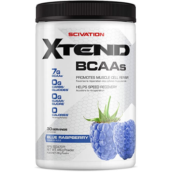 XTEND Elite BCAA Powder in a clear container showcasing the vibrant flavor mix, ideal for athletes seeking faster recovery.