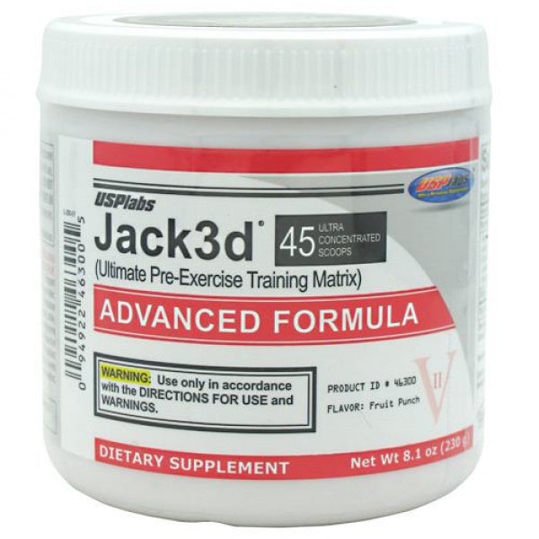 USPLabs Jack3d Advanced pre-workout supplement in a container with a scoop